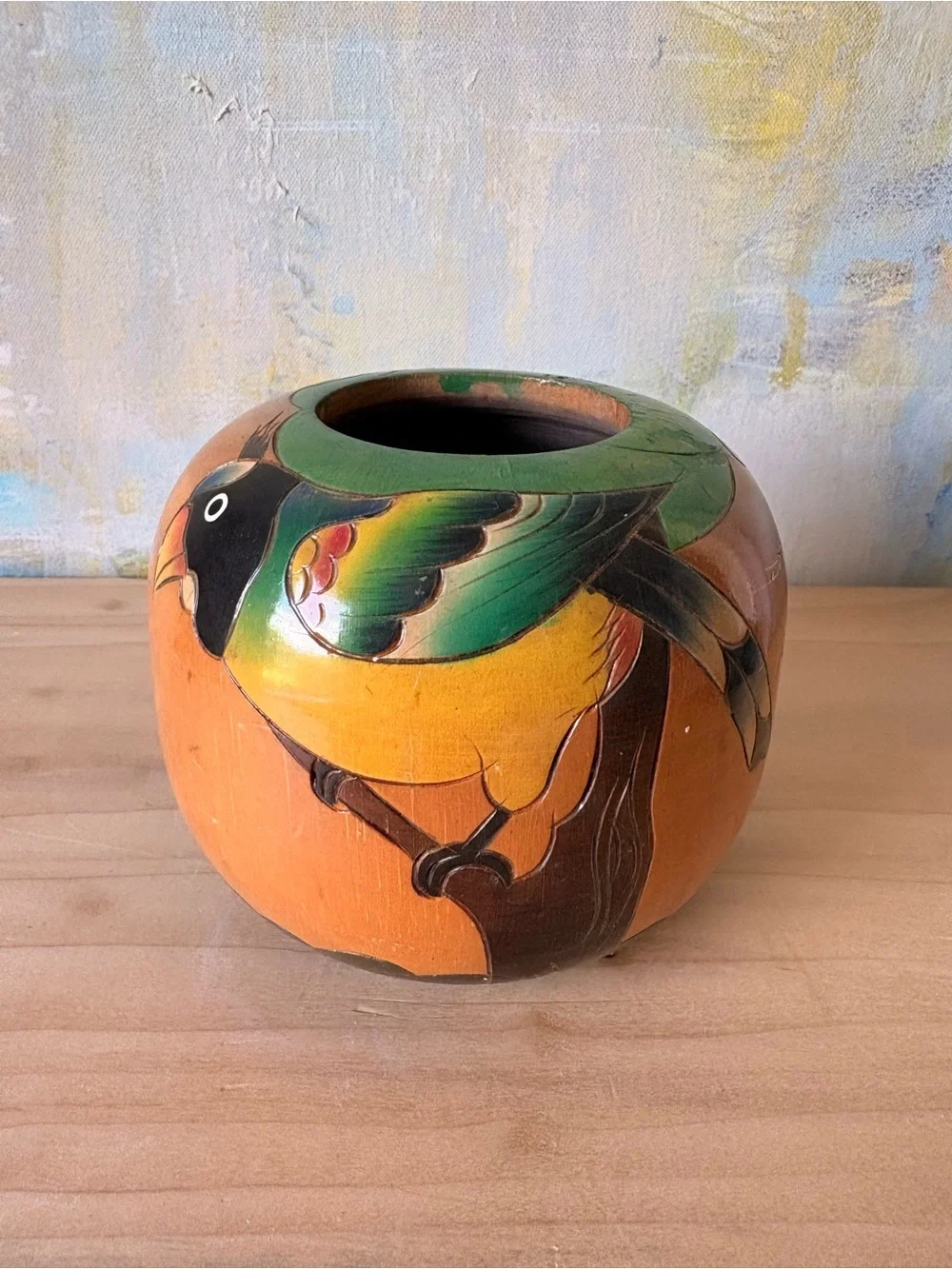 Vintage Latin American Hand-Carved Wooden Vase with Bird and Mountain Motif